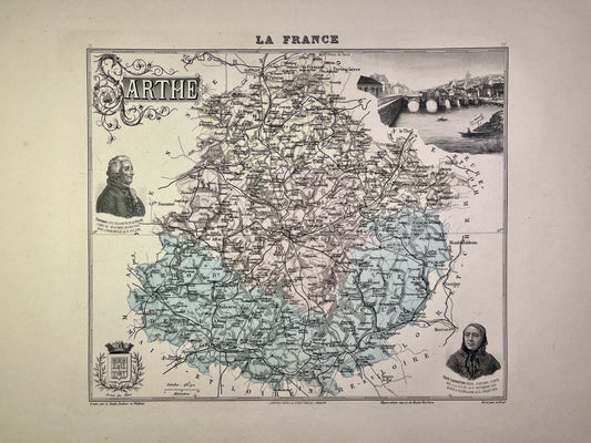 Carte ancienne de la Sarthe illustrée