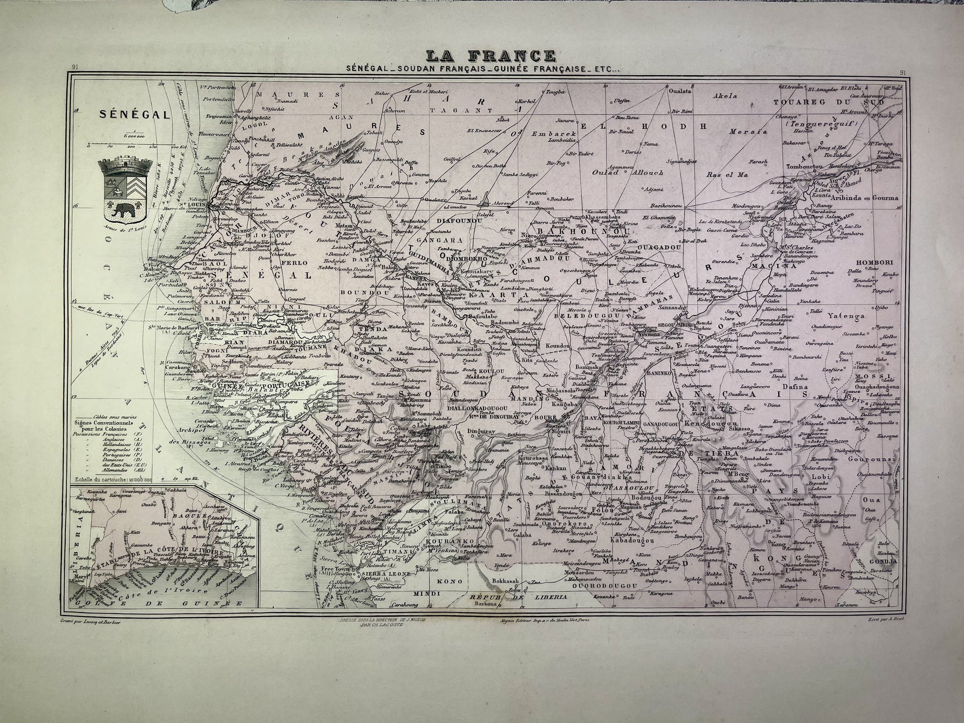 Carte ancienne du Sénégal colorée