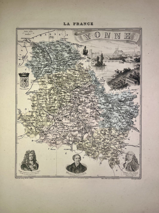 Carte ancienne de l'Yonne illustrée