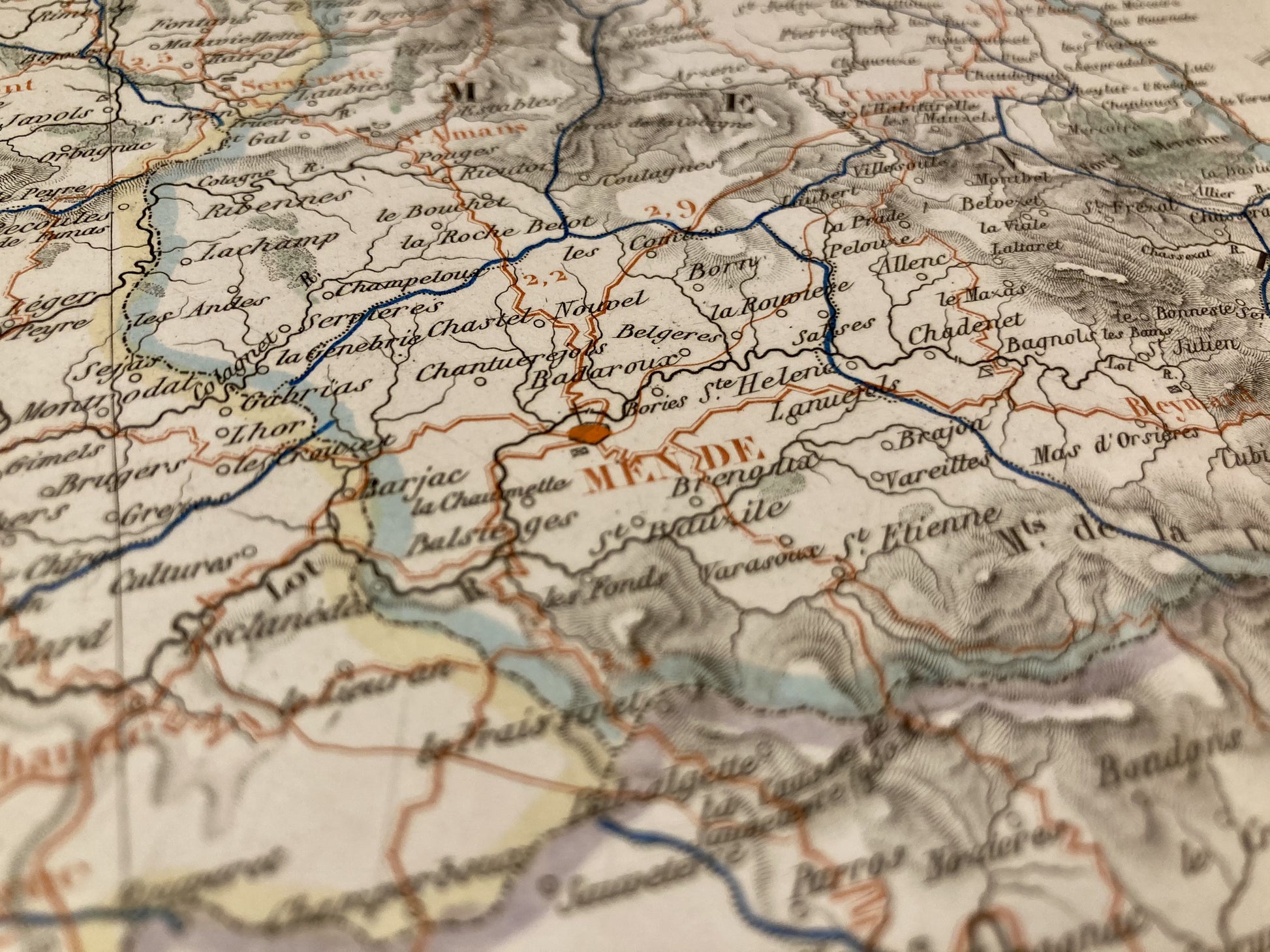 Détail de la carte départementale ancienne de la Lozère par Duvotenay