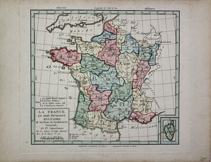 Carte ancienne de la France et ses divisions militaires