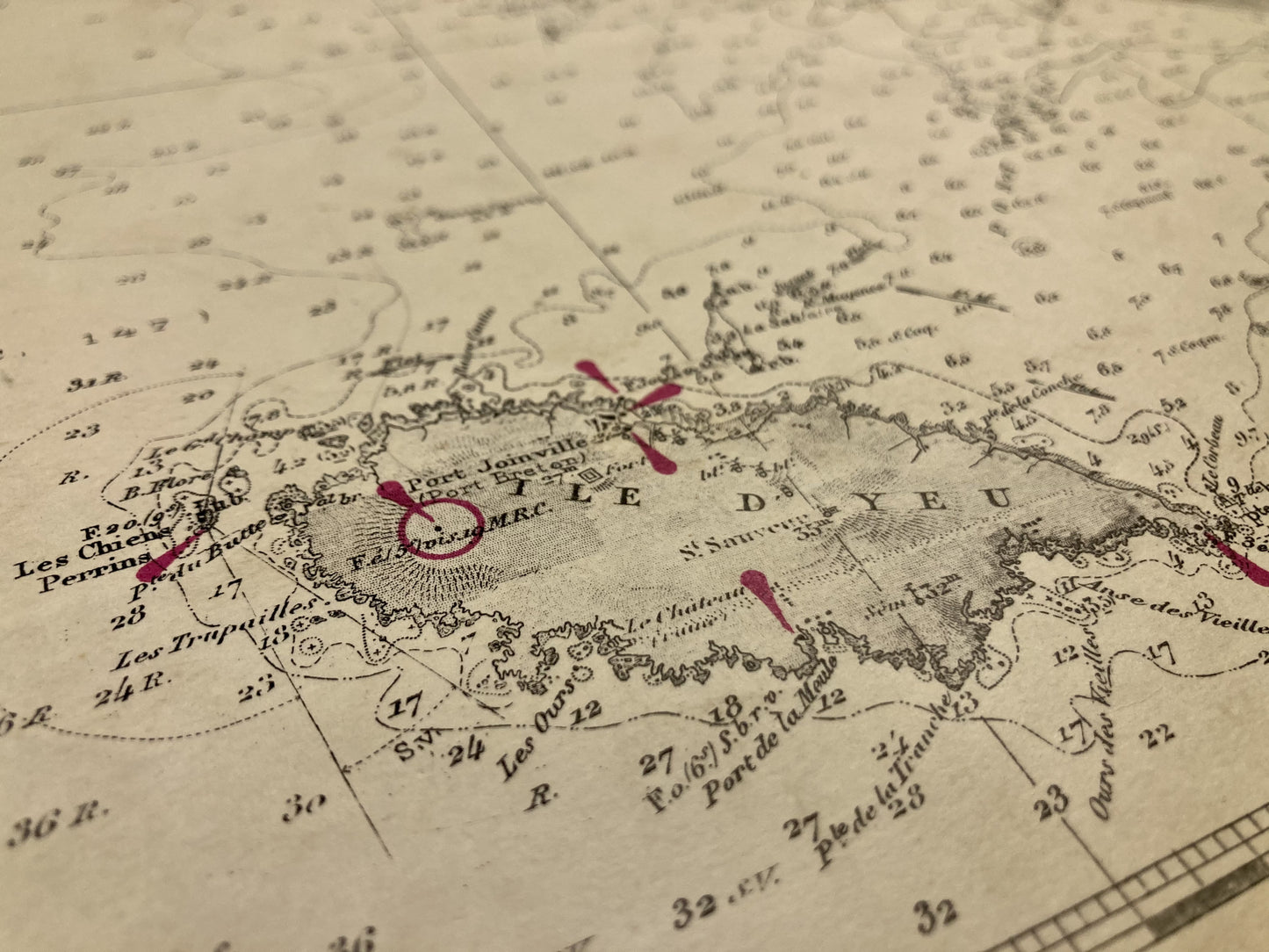Détail de la carte marine ancienne de Belle-Île à l'Île d'Yeu