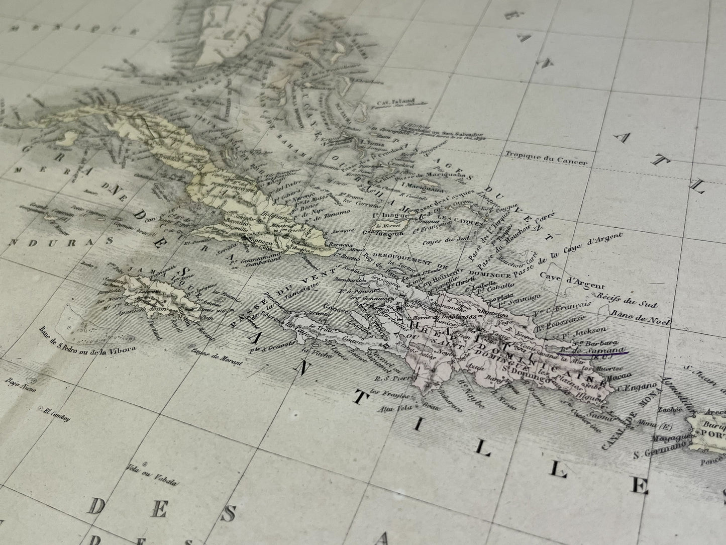 Carte geographique ancienne Antilles authentique
