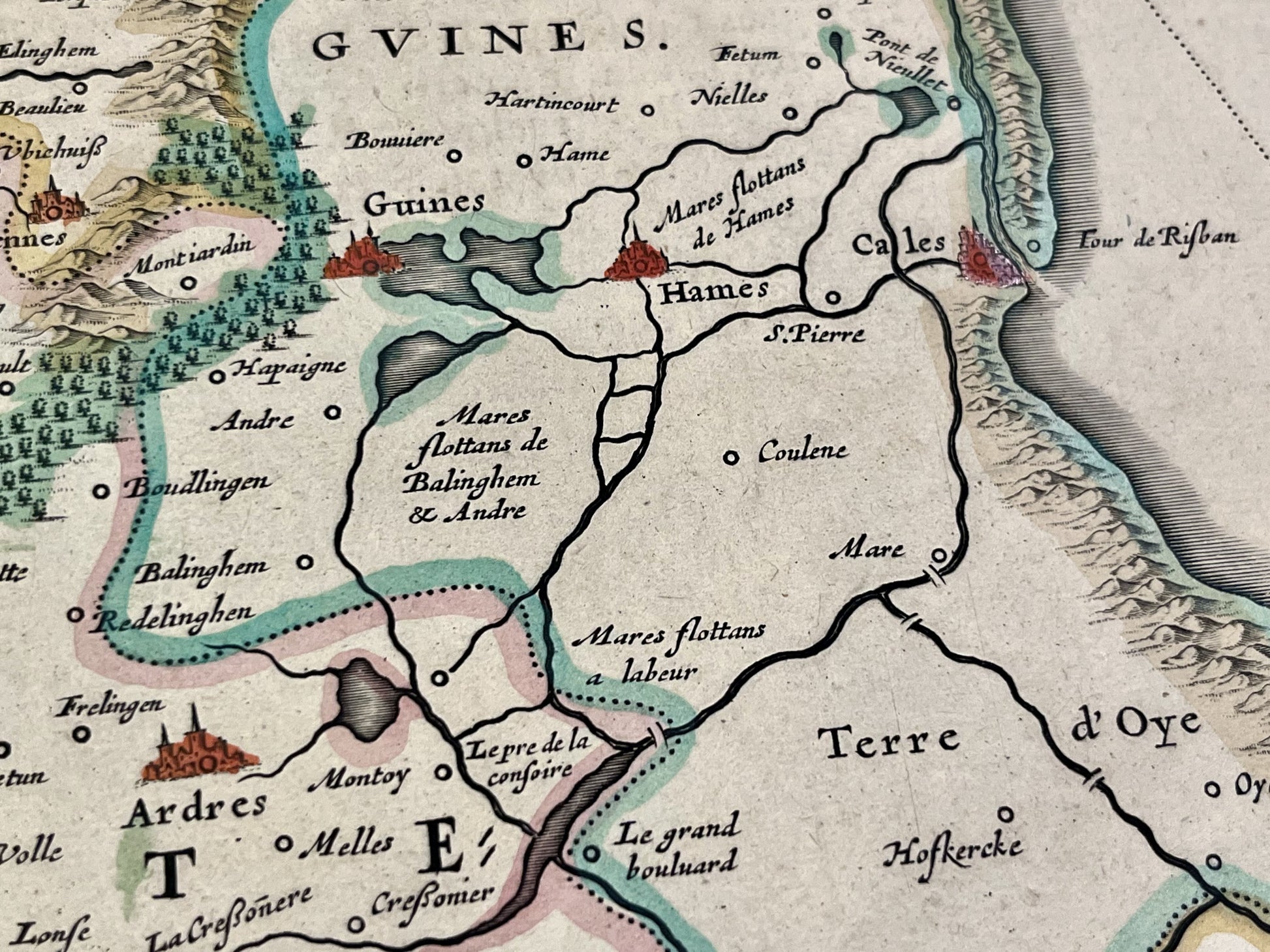 Carte geographique ancienne Calais Guines