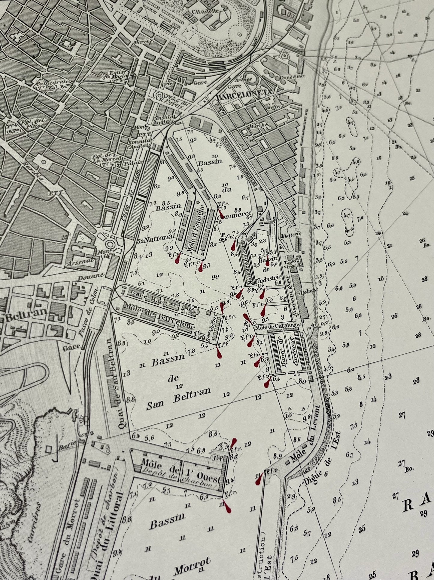 Carte geographique ancienne port Barcelone