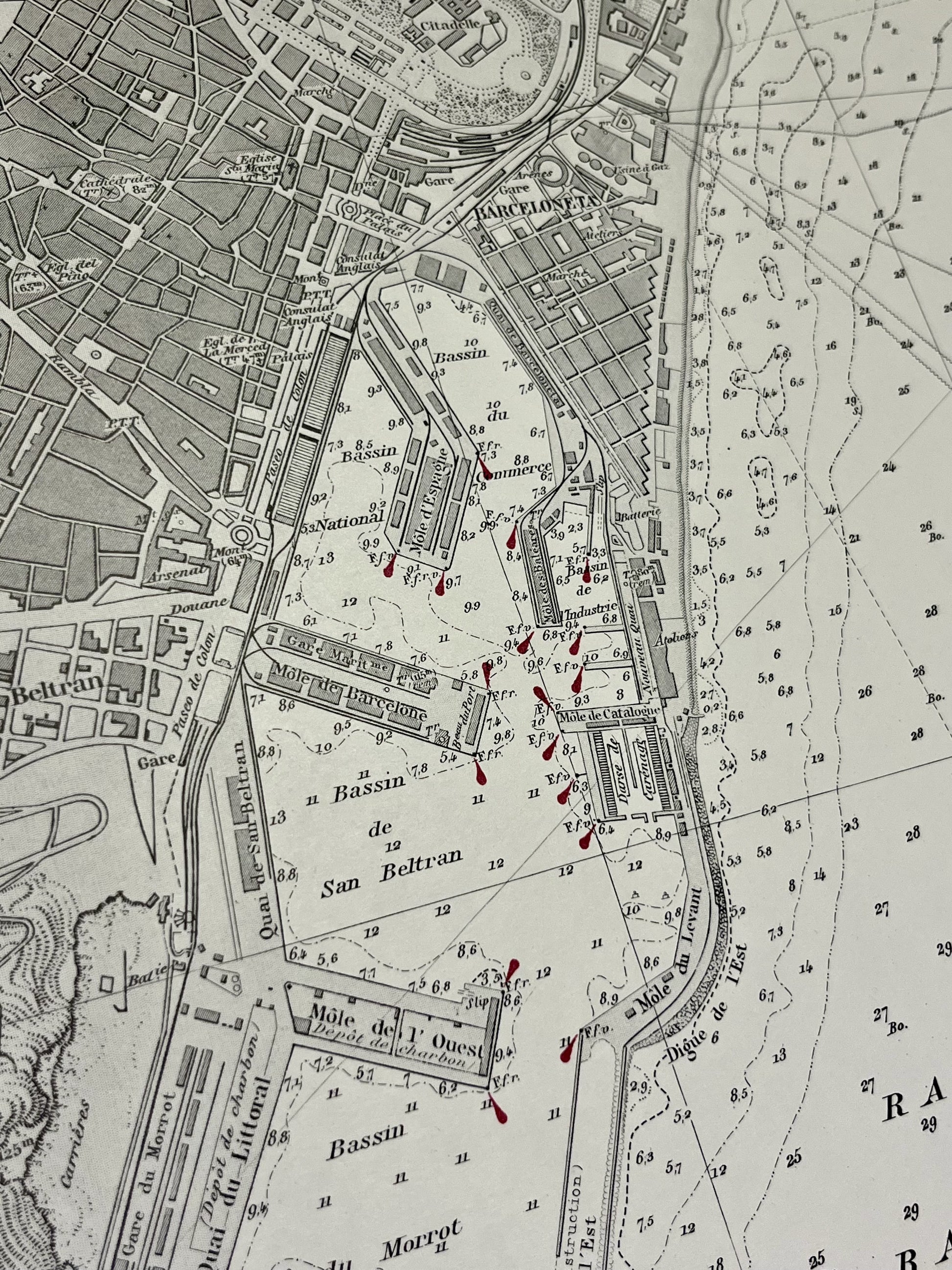 Carte geographique ancienne port Barcelone