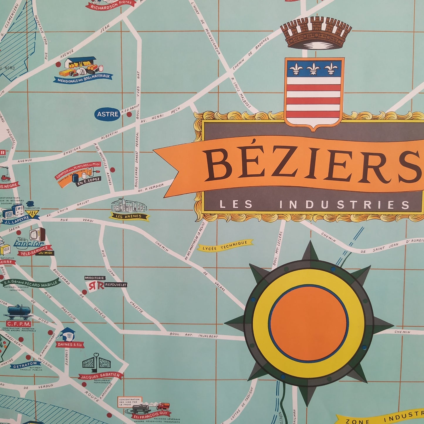 Carte illustrée vintage de la ville de Béziers par Jorj Morin (ca. 1960). Représentation géographique et picturale des industries.