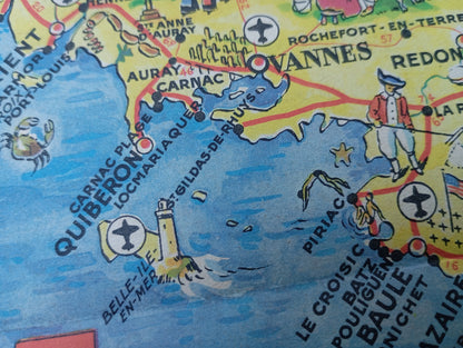 Carte retro et touristique des Pays de la Loire et de Bretagne
