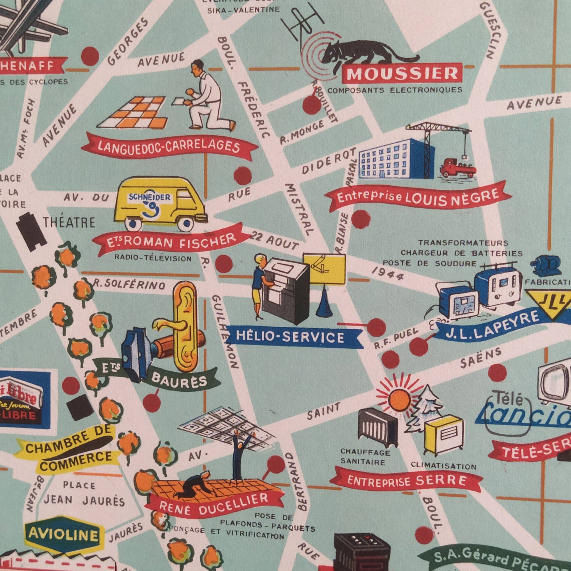 Carte illustrée vintage de la ville de Béziers par Jorj Morin (ca. 1960). Représentation géographique et picturale des industries.