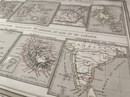Détail de la carte ancienne des possessions françaises incluant la la Réunion et l'Inde par A.H. Dufour
