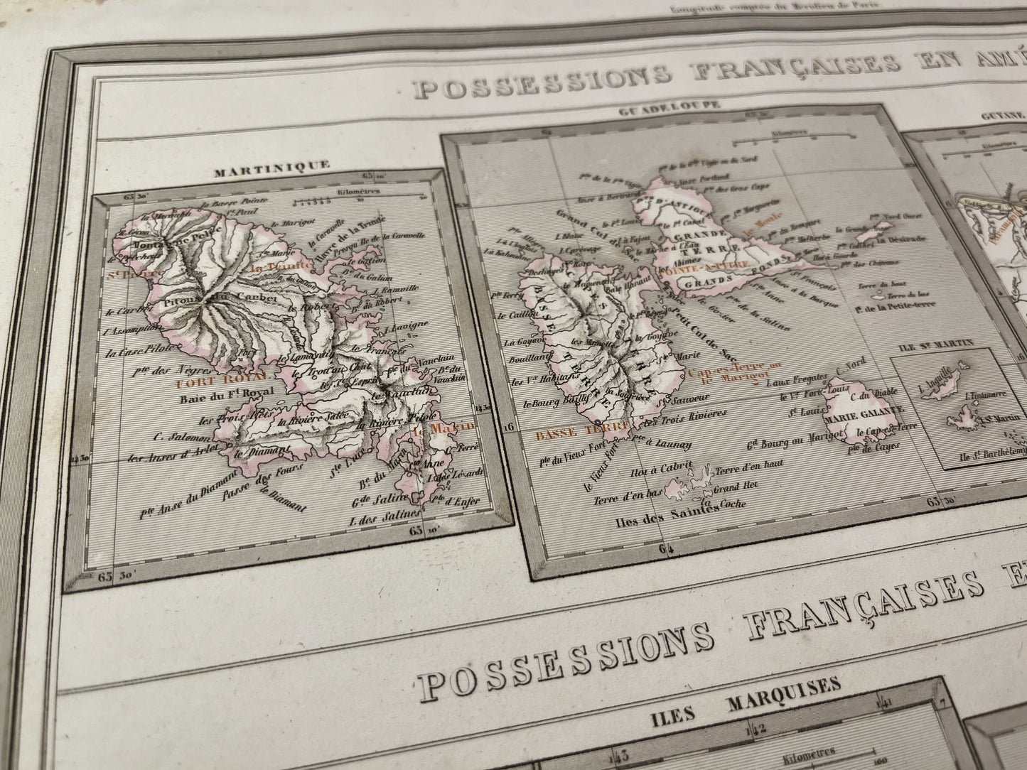 Détail de la carte ancienne des possessions françaises incluant la Martinique et la Guadeloupe par A.H. Dufour