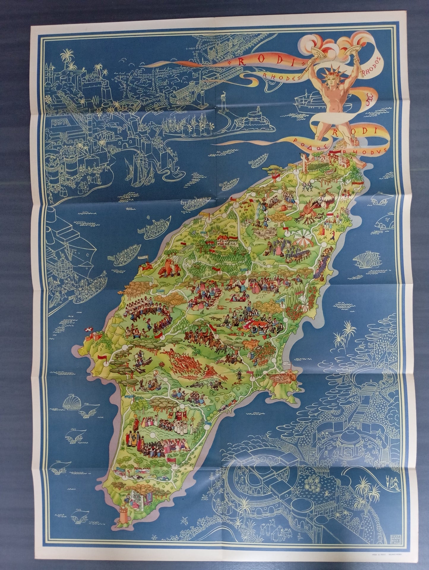 Carte touristique vintage de l'île de Rhodes - ca. 1930