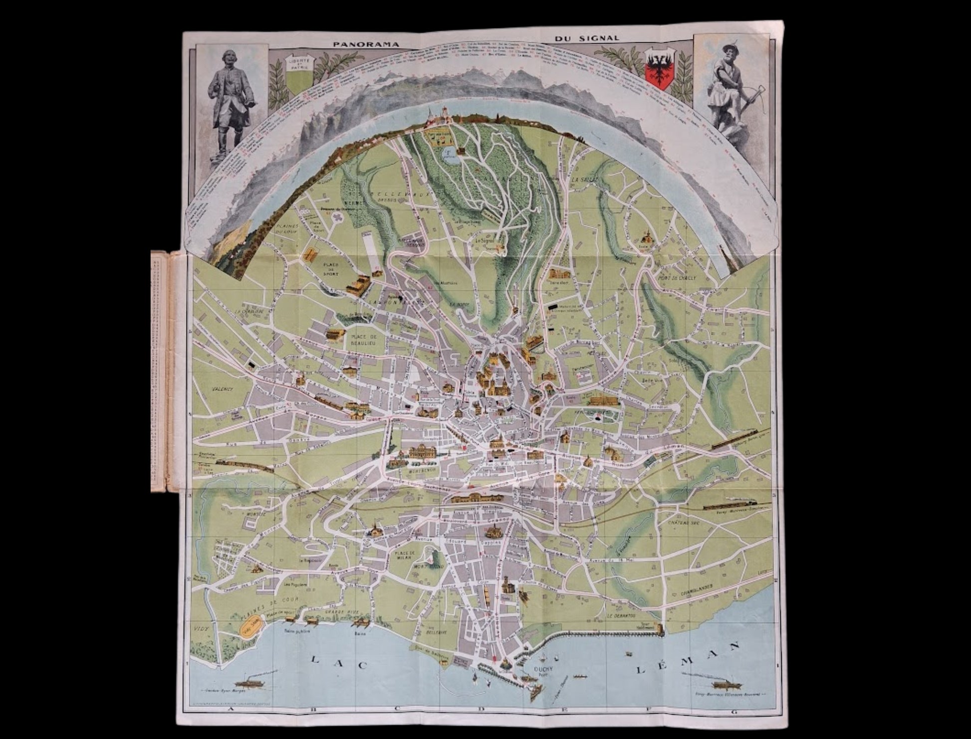 Carte dépliable et illustrée de Lausanne, intitulée "PANORAMA DU SIGNAL", avec une vue panoramique des Alpes en haut et le Lac Léman en bas, ca. 1926.
