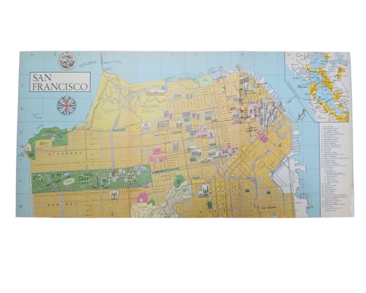 Plan pictural rétro et géographique de San Francisco - ca. 1980 - Vue du Golden Gate Park et de Downtown