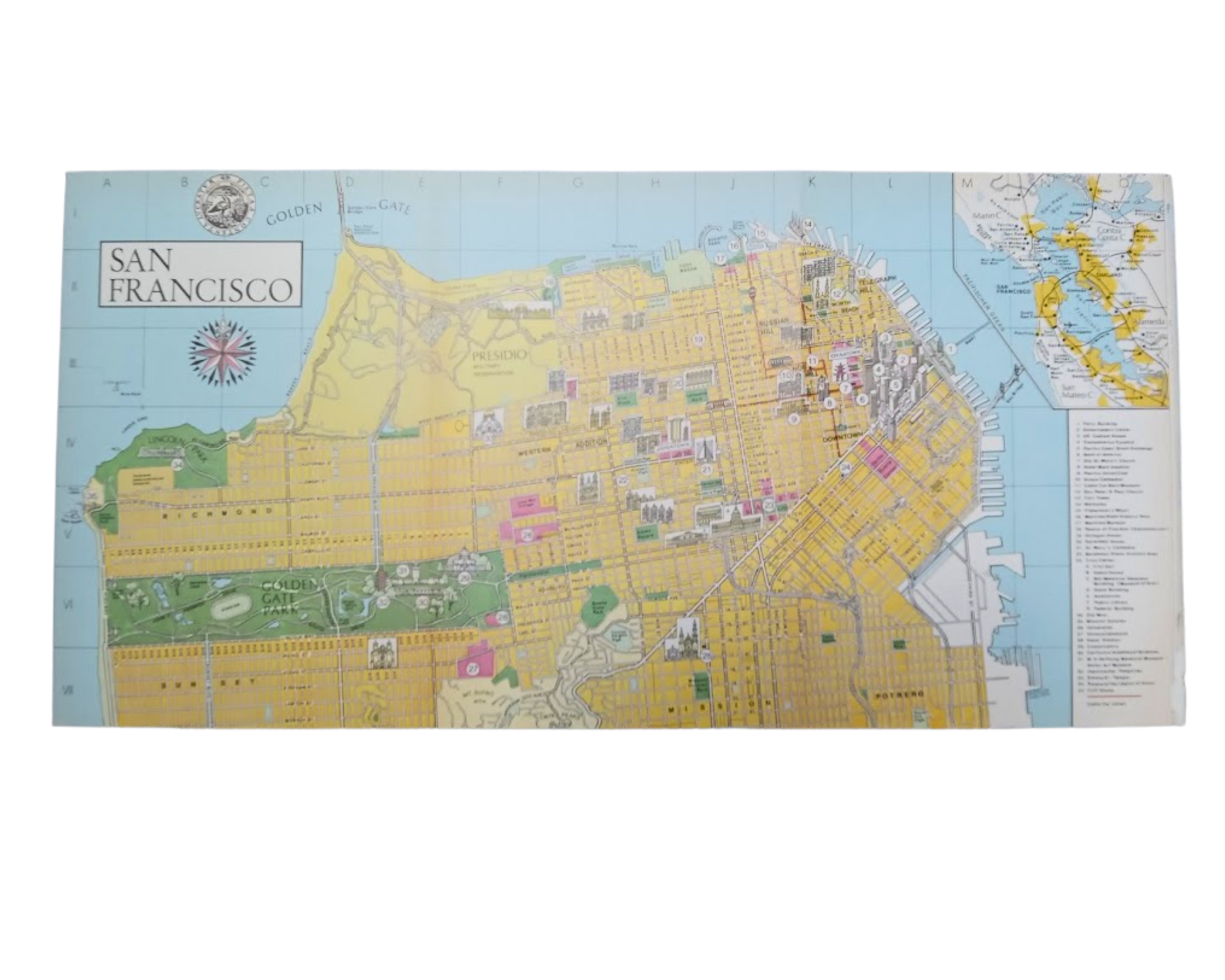 Plan pictural rétro et géographique de San Francisco - ca. 1980 - Vue du Golden Gate Park et de Downtown