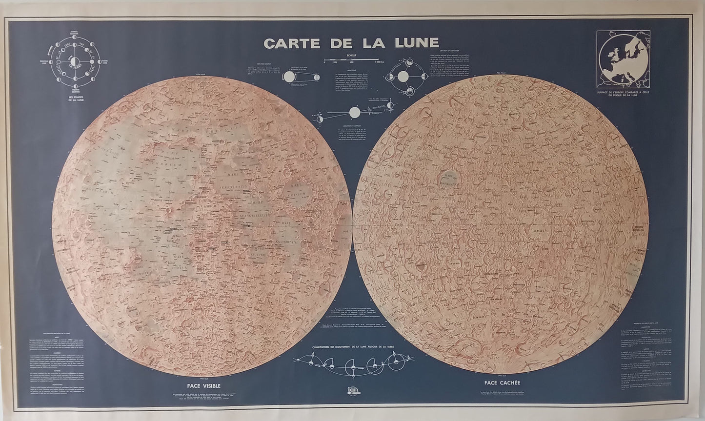 Vue d'ensemble centrée de la grande carte vintage de la Lune, faces visible et cachée, avec les encarts d'information,