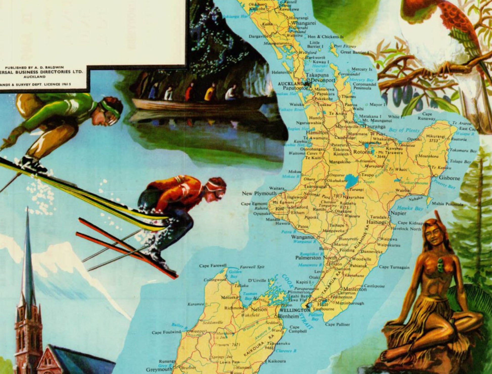 Détail de la partie inférieure de la carte montrant l'île du Sud, un avion jaune, un randonneur et une statue de pionnier.