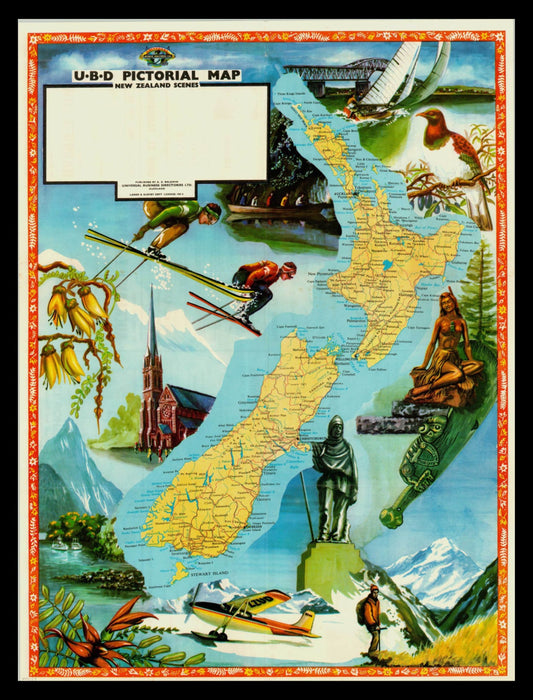 Carte illustrée de la Nouvelle-Zélande entourée de dessins colorés représentant le ski, la culture maorie, la faune et des paysages montagneux.