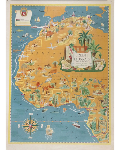 carte vintage afrique lucien boucher  grande affiche de l'afrique de l'ouest 