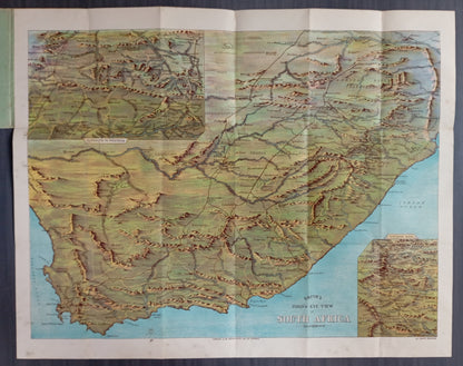 Titre "Bacon's Bird's Eye View South Africa" sur une carte géographique rétro, idéale pour une décoration murale sur le thème de l'histoire coloniale.