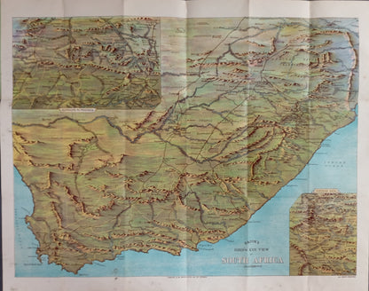 Carte ancienne de l'Afrique du Sud par Bacon's datant d'environ 1900, montrant le relief, les colonies historiques (Natal, Transvaal) et les villes principales.