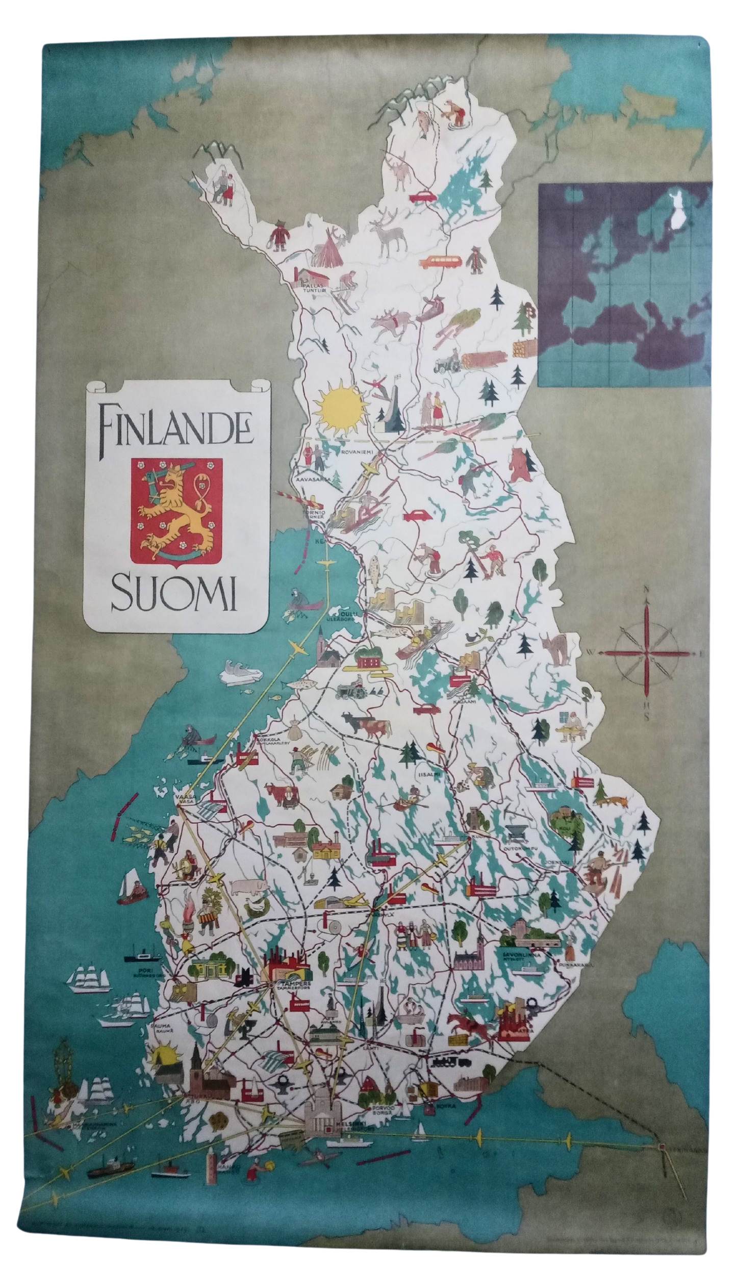 Carte ancienne et illustrée de la Finlande (Suomi) datant de 1949, montrant les villes principales, les activités locales et les routes de transport.