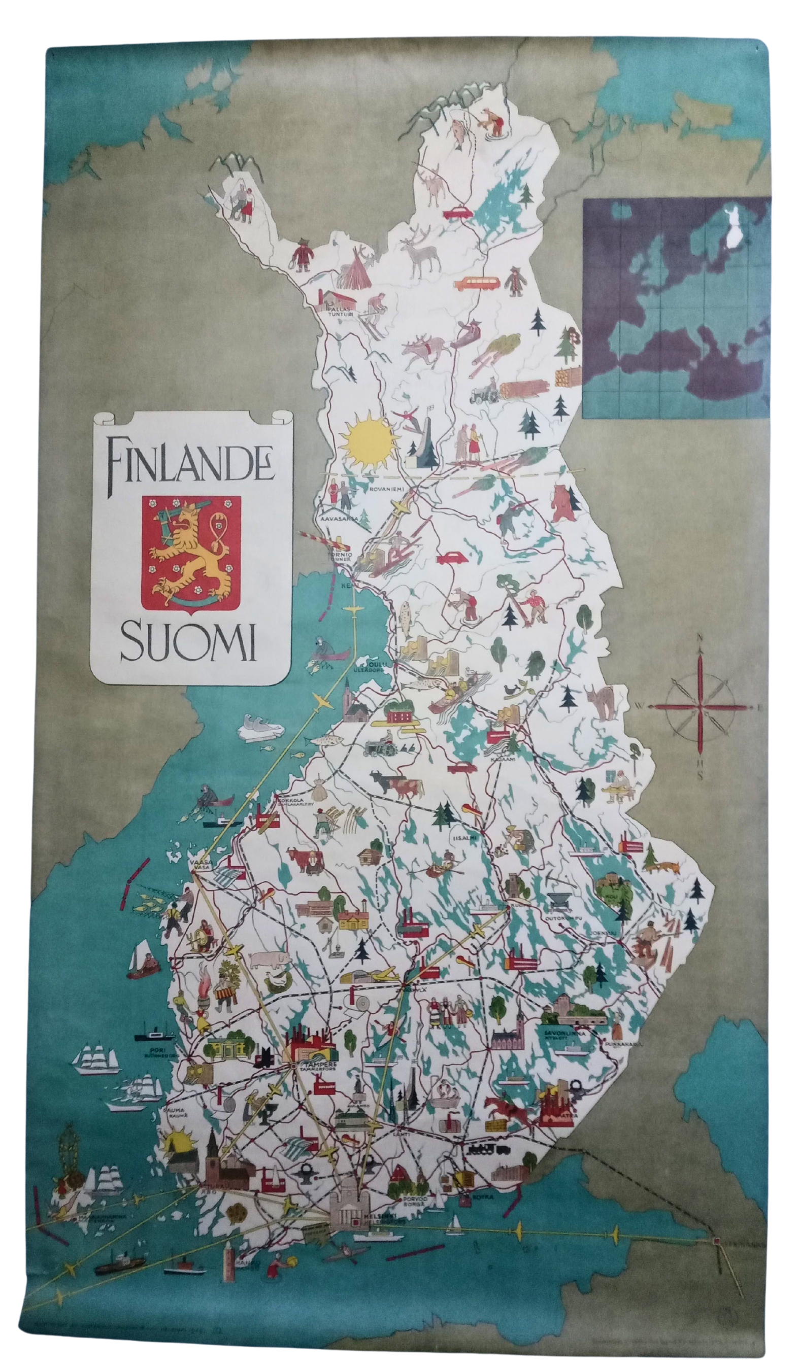 Carte ancienne et illustrée de la Finlande (Suomi) datant de 1949, montrant les villes principales, les activités locales et les routes de transport.