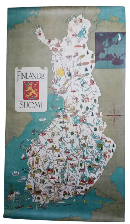 Carte ancienne et illustrée de la Finlande (Suomi) datant de 1949, montrant les villes principales, les activités locales et les routes de transport.
