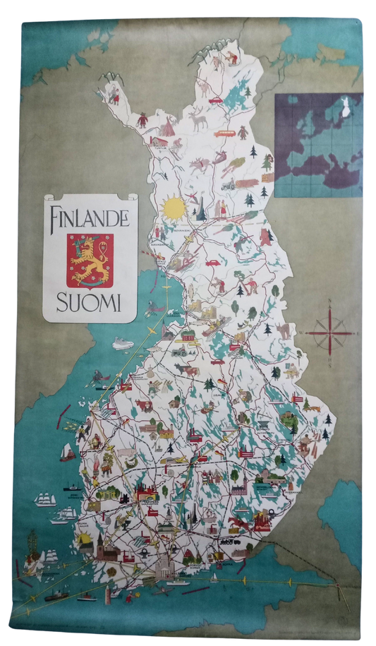 Carte ancienne et illustrée de la Finlande (Suomi) datant de 1949, montrant les villes principales, les activités locales et les routes de transport.