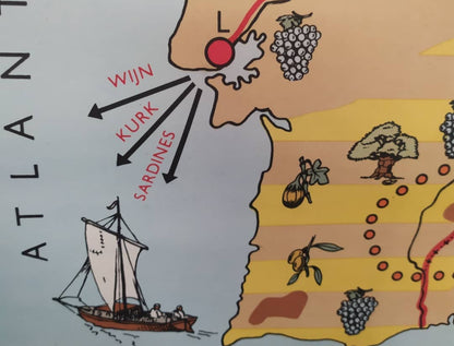 Détail de la côte est espagnole et des îles Baléares, affichant la légende des cultures de fruits du sud et la topographie des zones de steppes.