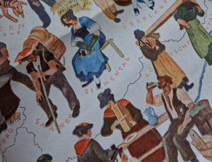 Détail de l'illustration montrant des porteurs de lait et des agriculteurs au travail, illustrant la vie rurale suisse de manière colorée.