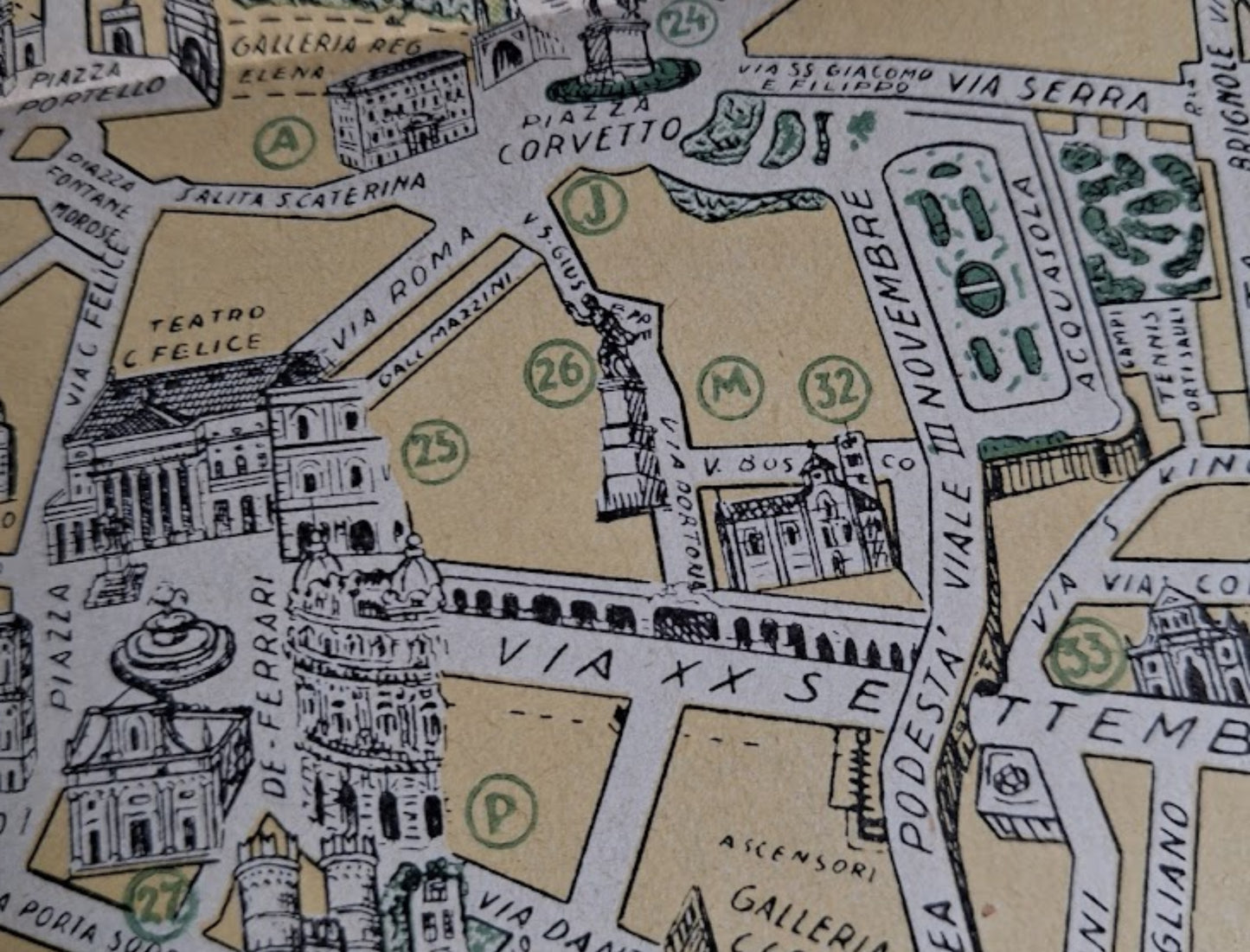 Détail du plan de Gênes centré sur le quartier de la Piazza De Ferrari et la Via XX Settembre, avec les bâtiments majeurs dessinés en relief.