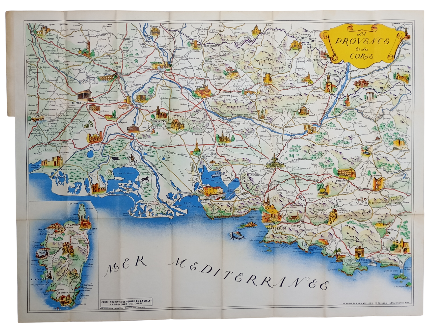 Vue d'ensemble de la carte géographique et illustrée ancienne de La Provence et la Corse, montrant les deux régions en couleurs sur un fond blanc, bordée par la Mer Méditerranée.