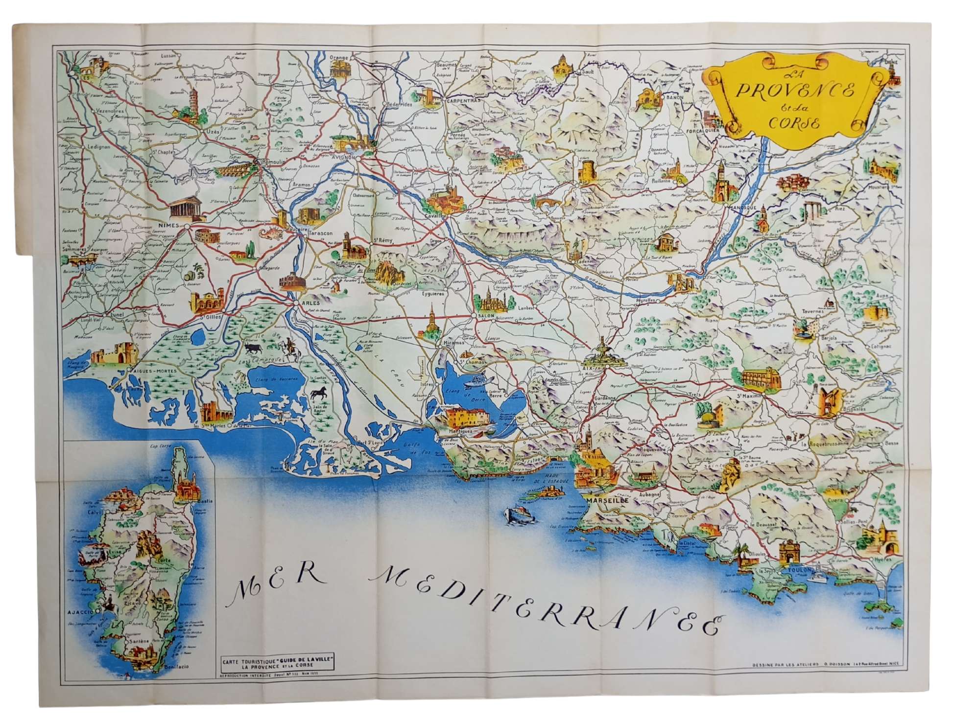 Vue d'ensemble de la carte géographique et illustrée ancienne de La Provence et la Corse, montrant les deux régions en couleurs sur un fond blanc, bordée par la Mer Méditerranée.
