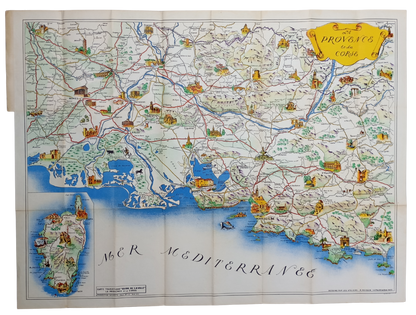 Vue d'ensemble de la carte géographique et illustrée ancienne de La Provence et la Corse, montrant les deux régions en couleurs sur un fond blanc, bordée par la Mer Méditerranée.