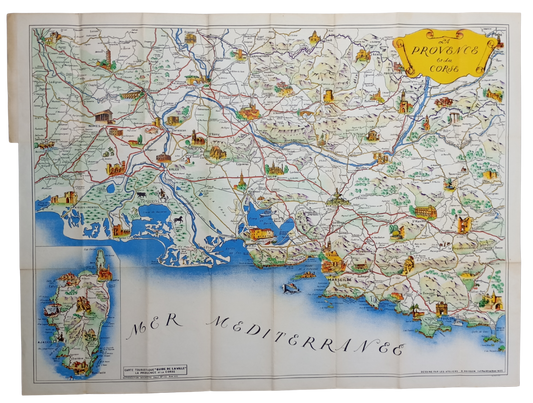Vue d'ensemble de la carte géographique et illustrée ancienne de La Provence et la Corse, montrant les deux régions en couleurs sur un fond blanc, bordée par la Mer Méditerranée.