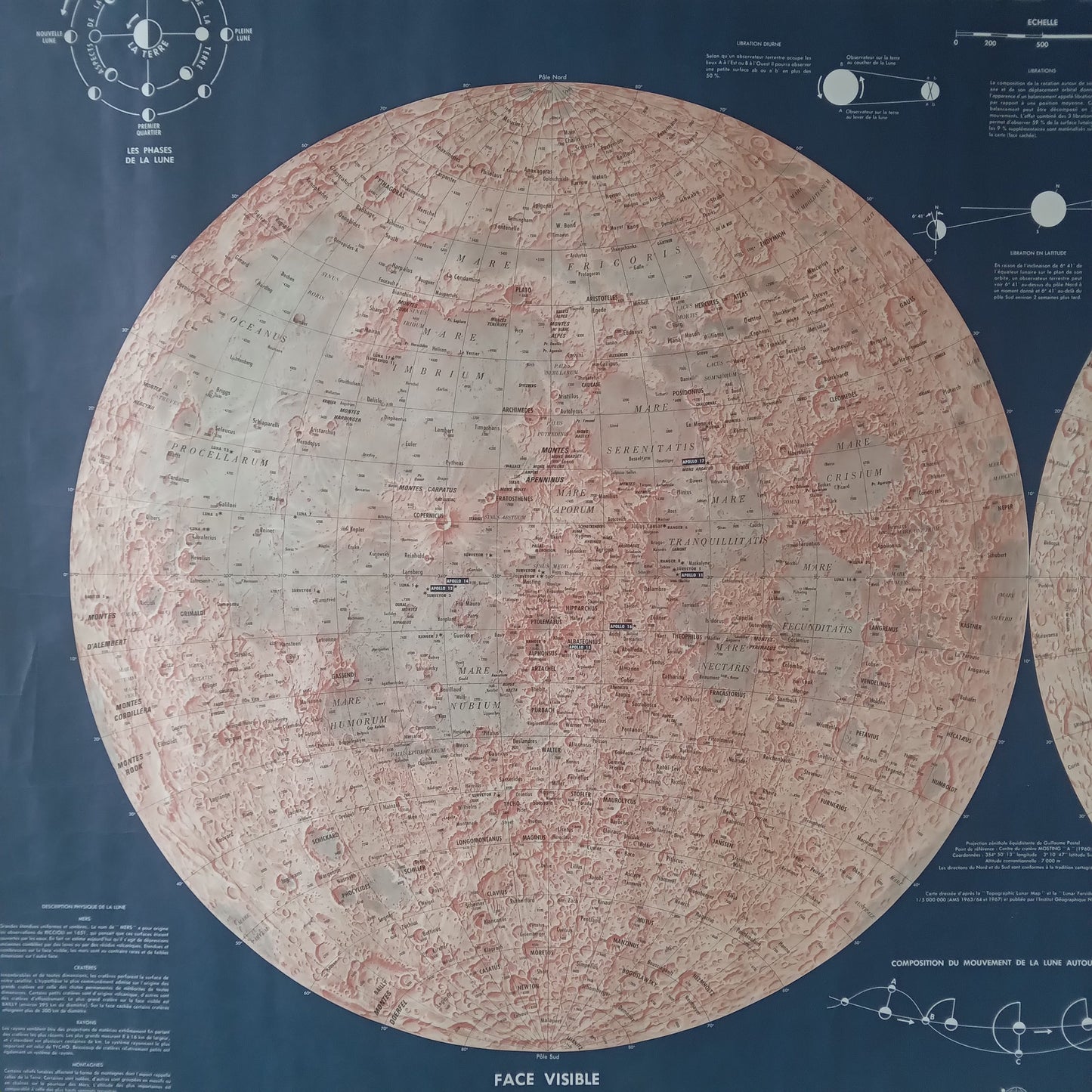 Gros plan sur la "Face Visible" de la carte vintage de la Lune (IGN, ca. 1969), montrant les mers lunaires comme Mare Imbrium et Oceanus Procellarum et des cratères.