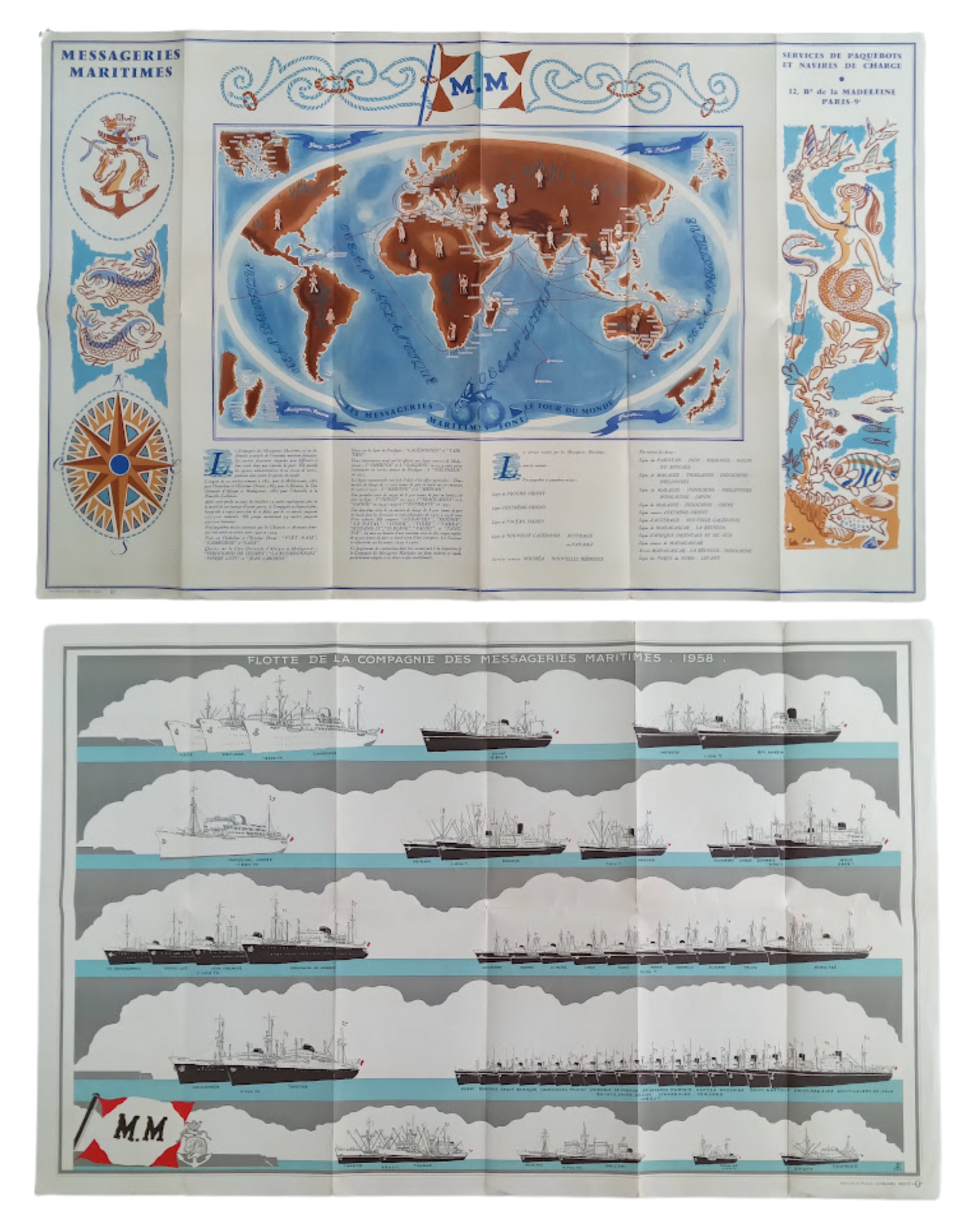 Vue d'ensemble de l'affiche dépliée des Messageries Maritimes, montrant le côté planisphère en haut et le côté avec la flotte de navires en bas.