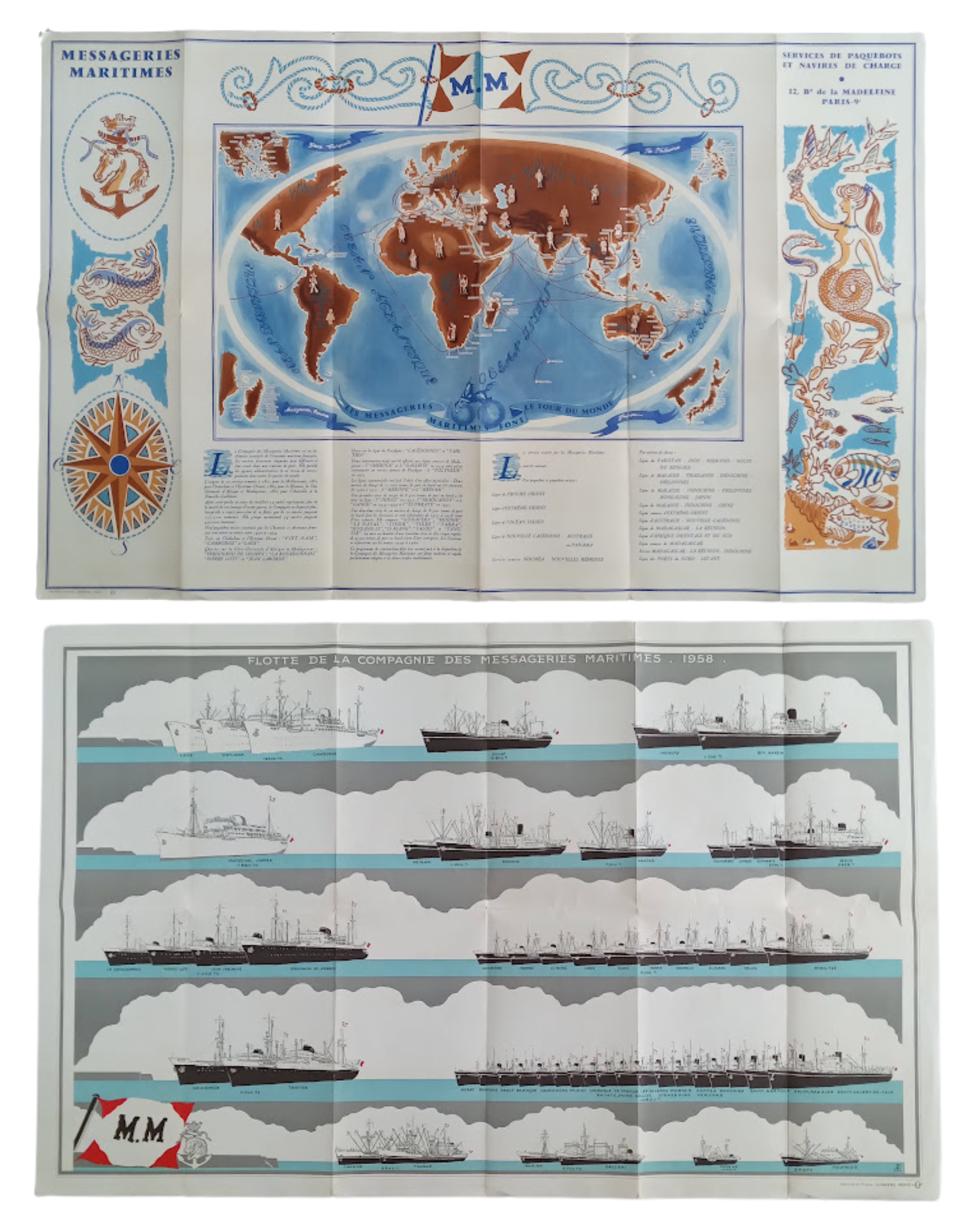 Vue d'ensemble de l'affiche dépliée des Messageries Maritimes, montrant le côté planisphère en haut et le côté avec la flotte de navires en bas.