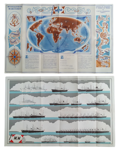 Vue d'ensemble de l'affiche dépliée des Messageries Maritimes, montrant le côté planisphère en haut et le côté avec la flotte de navires en bas.