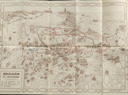 Plan illustré touristique vintage de Jérusalem en vue panoramique, montrant la ville divisée par la Ligne d'Armistice de 1948. Le plan est dessiné en sépia/brun sur papier crème. La zone de la Vieille Ville et les lignes de démarcation sont mises en évidence.