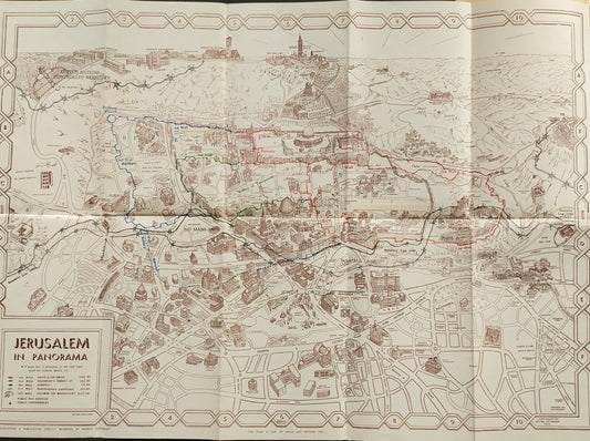 Plan illustré touristique vintage de Jérusalem en vue panoramique, montrant la ville divisée par la Ligne d'Armistice de 1948. Le plan est dessiné en sépia/brun sur papier crème. La zone de la Vieille Ville et les lignes de démarcation sont mises en évidence.
