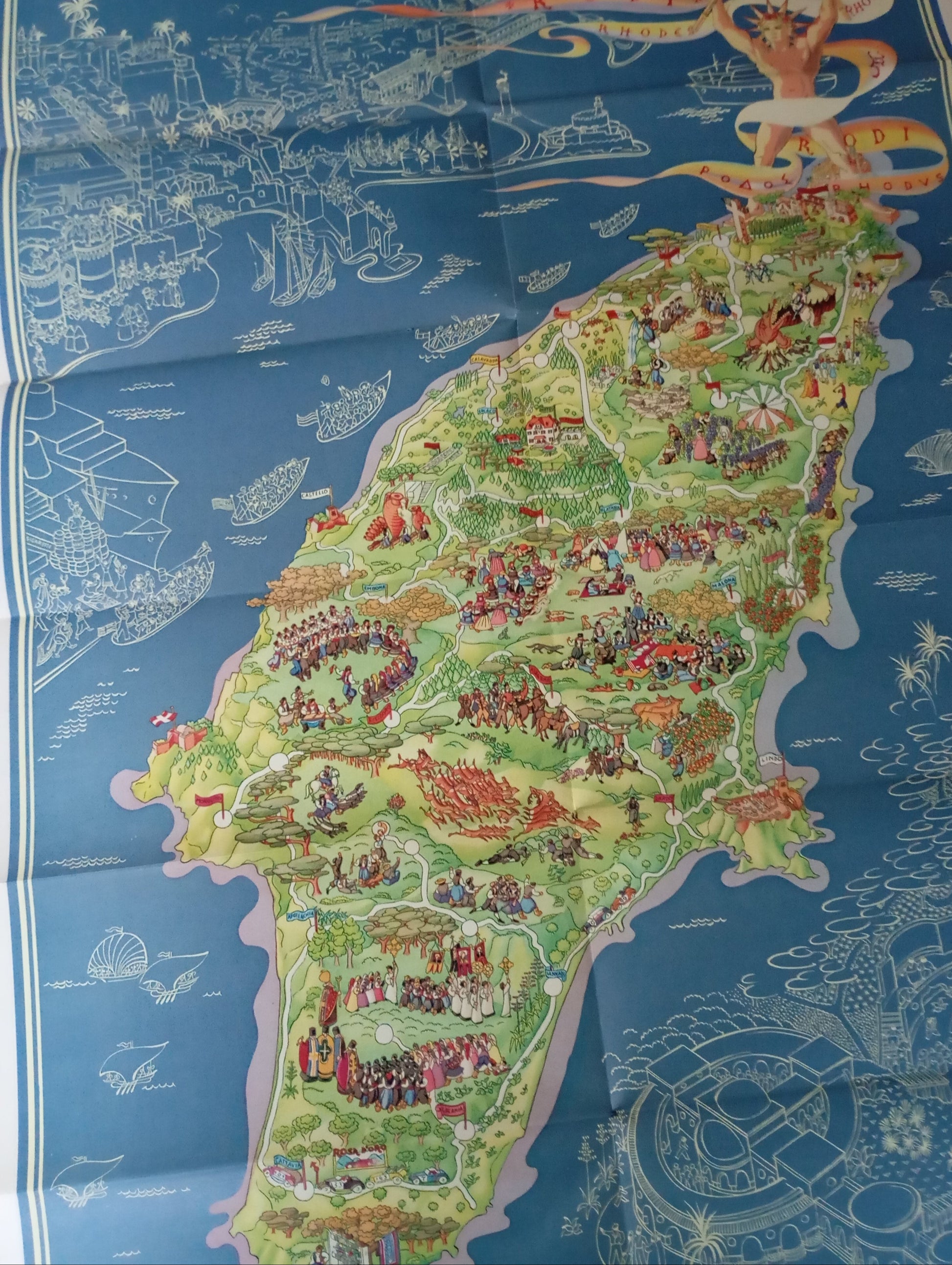 carte picturale de Rhodes, plusieurs dessins, très colorés, scene de vie