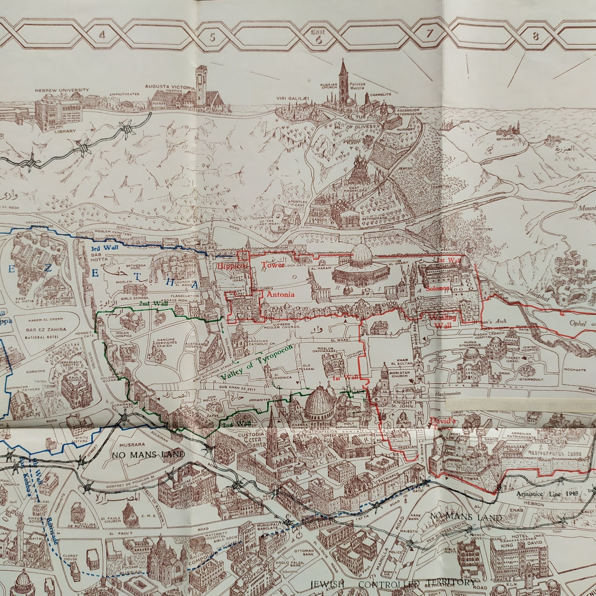 ue rapprochée d'une section du plan vintage de Jérusalem, montrant la "Armistice Line 1948" et des détails de la "Old City", avec des noms de rues et de sites historiques visibles.