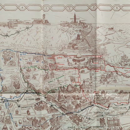 ue rapprochée d'une section du plan vintage de Jérusalem, montrant la "Armistice Line 1948" et des détails de la "Old City", avec des noms de rues et de sites historiques visibles.