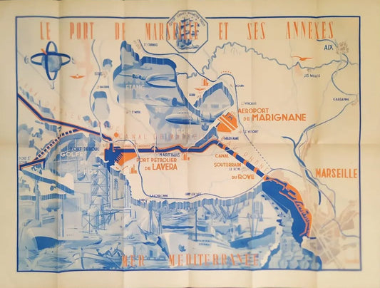 Vue d'ensemble de la carte illustrée du Port de Marseille et de ses annexes, montrant la Méditerranée, l'Étang de Berre et les connexions vers le Rhône, avec une esthétique bleue et orange