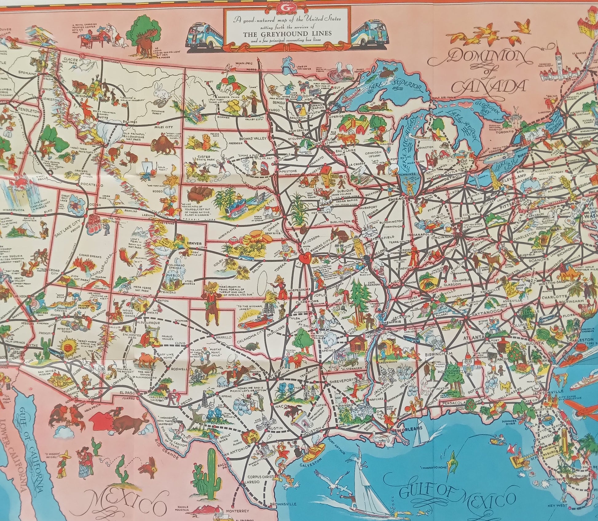 Gros plan sur la partie centre et est de la carte Greyhound des États-Unis, mettant en évidence les itinéraires de bus, les Grands Lacs, le Golfe du Mexique, et des illustrations de villes comme Chicago, Atlanta et Saint-Louis.