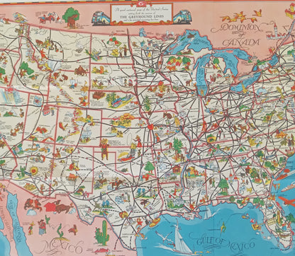 Gros plan sur la partie centre et est de la carte Greyhound des États-Unis, mettant en évidence les itinéraires de bus, les Grands Lacs, le Golfe du Mexique, et des illustrations de villes comme Chicago, Atlanta et Saint-Louis.