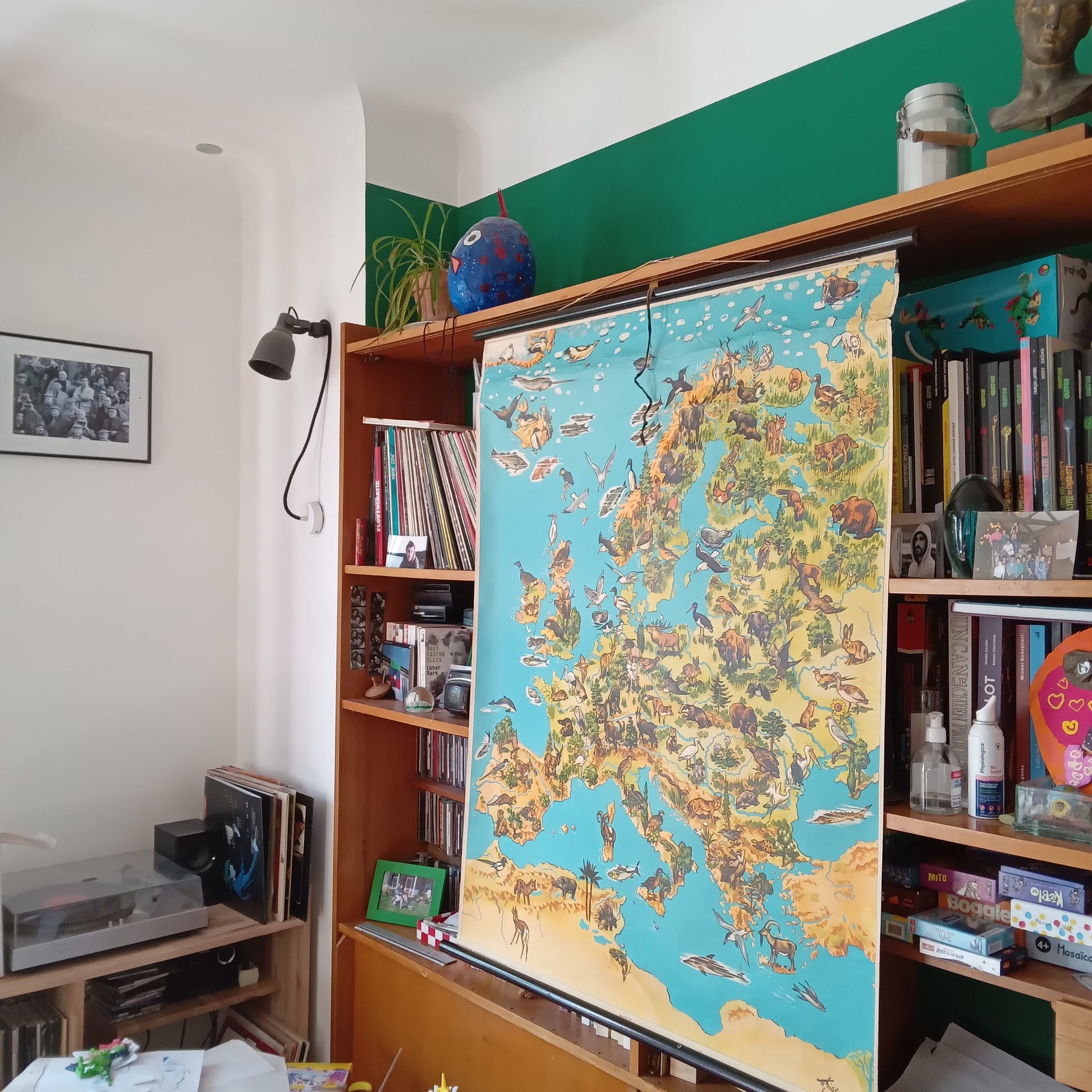 Grande affiche scolaire vintage de la faune d'Europe par Westermann, accrochée au-dessus d'un bureau dans une pièce avec des étagères de livres.