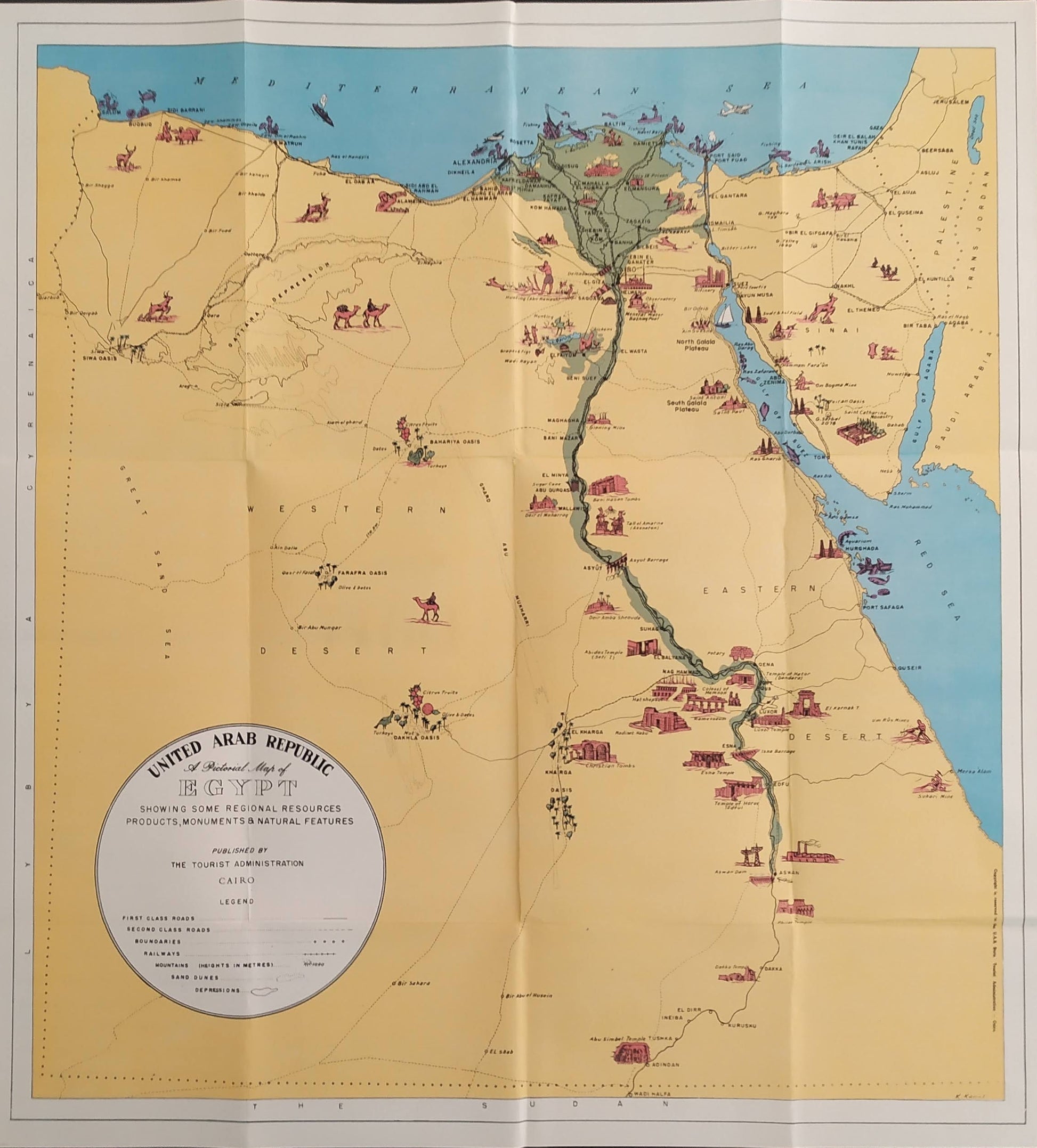 Carte illustrée vintage de l'Égypte, intitulée "UNITED ARAB REPUBLIC EGYPT", montrant des ressources régionales, des monuments antiques et des caractéristiques naturelles. Couleurs dominantes bleu, jaune sable